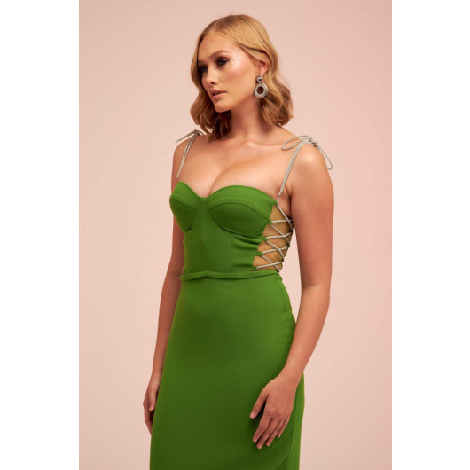 Pistachio Green Stone Lace Midi Crepe Evening Dress