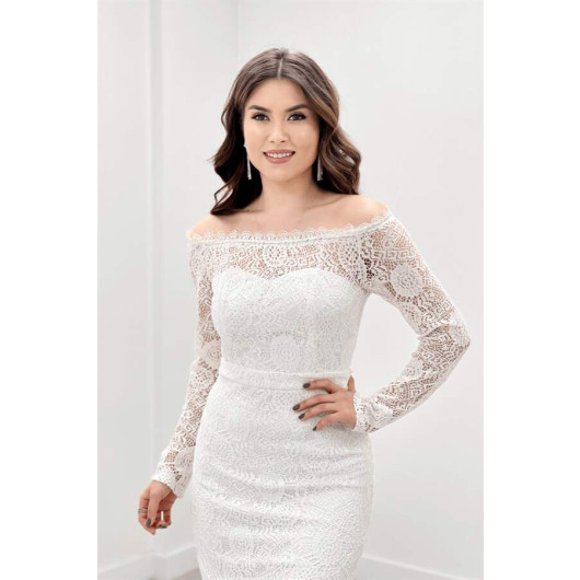 Full Guipure Lace Boat Neck Pencil Dress White