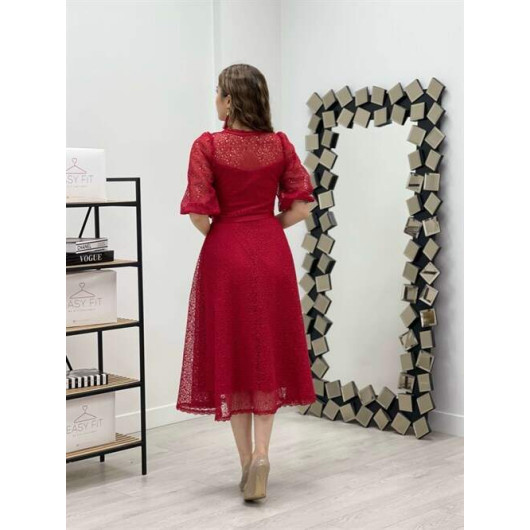 فستان نسائي دانتيل فرنسي بأزرار مزين احمر