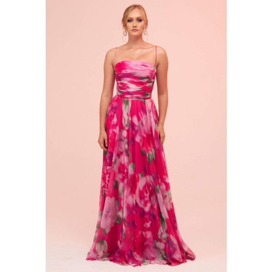 Fuchsia Strap Slit Printed Evening Dress