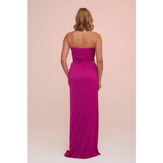 Fuchsia Plisoley Long Evening Dress With Stone Slit On The Side