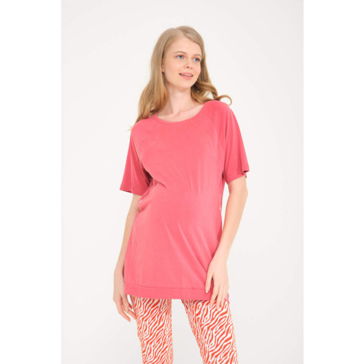 Fuchsia Colored Maternity T Shirt With Breastfeeding Features