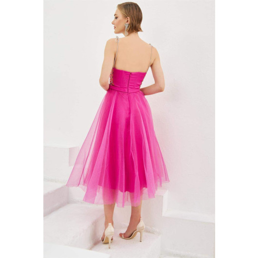 Fuchsia Tulle Strap Princess Midi Promise And Engagement Dress