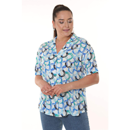 Geometric Patterned Short Sleeve Blue Shirt