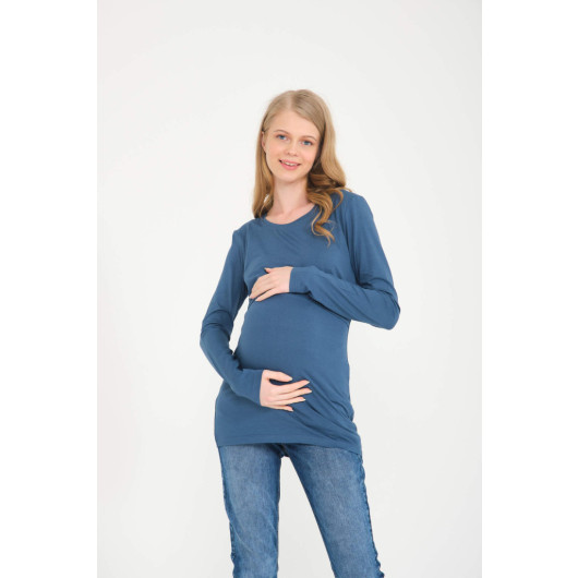 Sky Blue Maternity Blouse With Breastfeeding Features