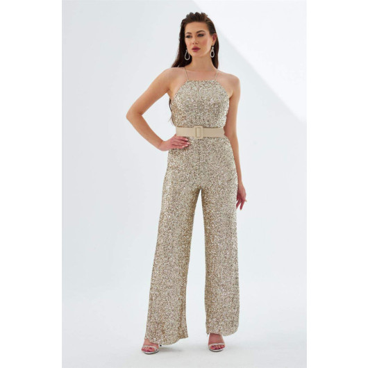 Gold Sequined Belted Long Jumpsuit
