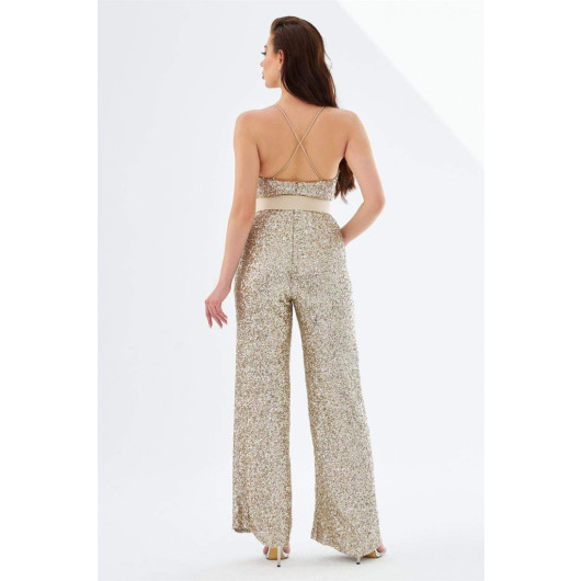 Gold Sequined Belted Long Jumpsuit