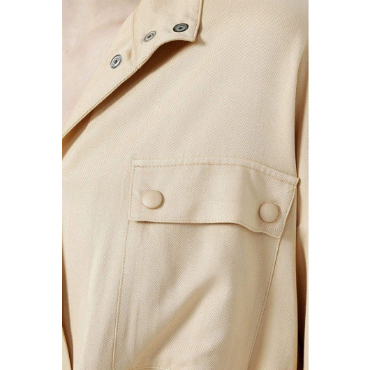 Beige Blouse With Shirt Collar And Snap Pockets