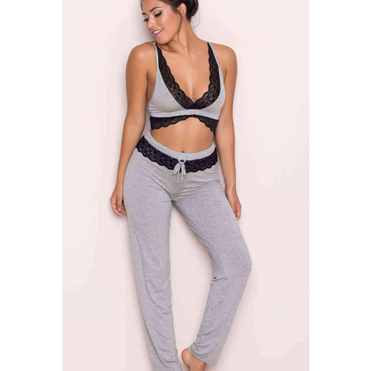 Gray Lace Embroidered Tracksuit Pajama Bottom Top Set