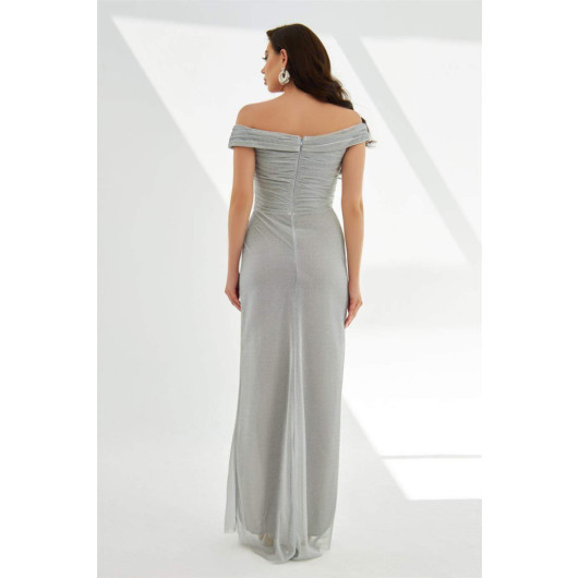 Silver Glitter Knitted Strapless Long Evening Dress