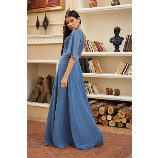 Indigo Chiffon Pleated Long Evening Dress