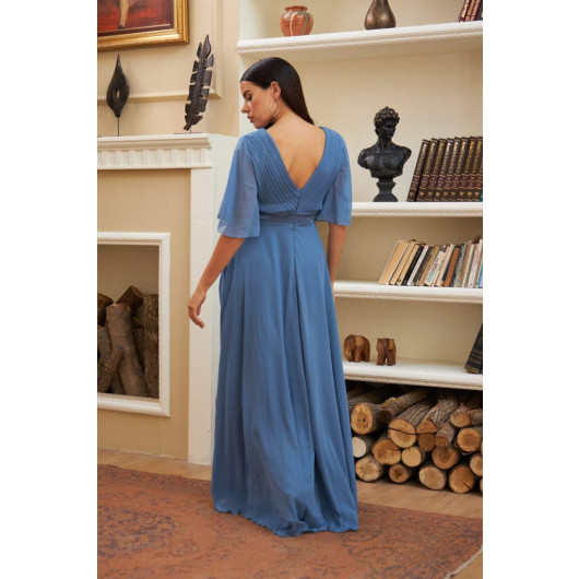 Indigo Chiffon Pleated Long Evening Dress