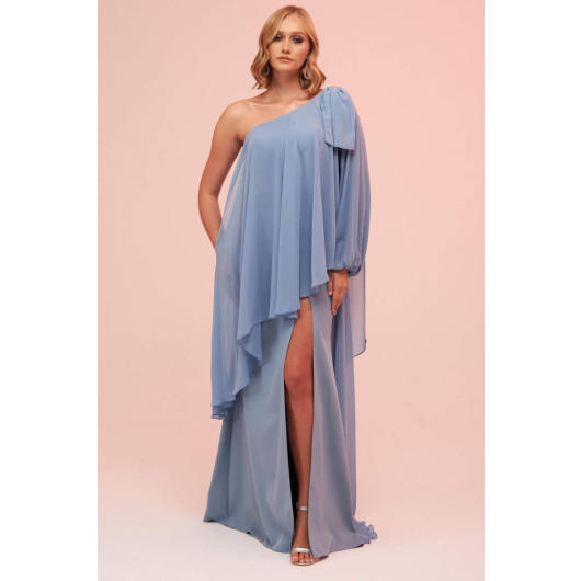 Indigo Single Sleeve Slit Plus Size Chiffon Evening Dress
