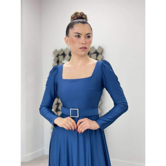 Imported Crepe Satin Fabric Square Neck Dress Indigo Blue