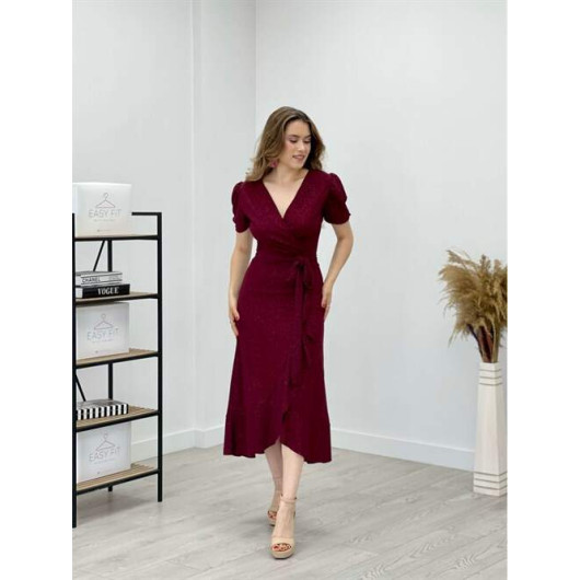 Glitter Fabric Belt Detailed Midi Dress Claret Red