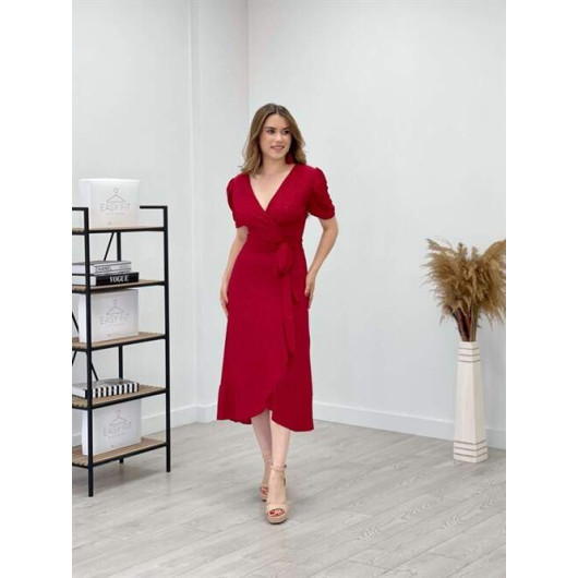 Imported Lurex Fabric Belt Detailed Midi Dress Red