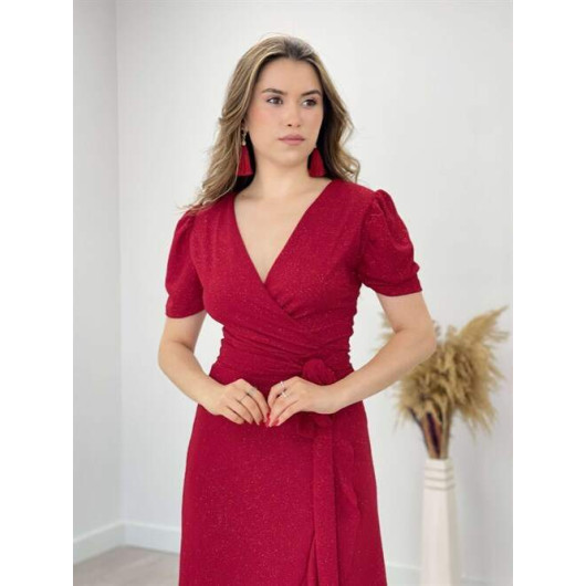 Imported Lurex Fabric Belt Detailed Midi Dress Red