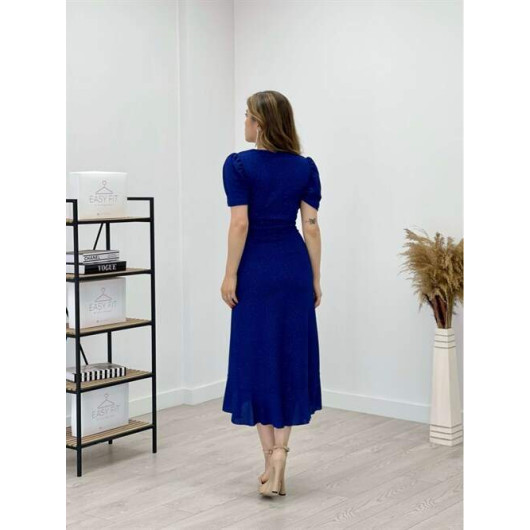 Imported Lurex Fabric Belt Detailed Midi Dress Saks Blue