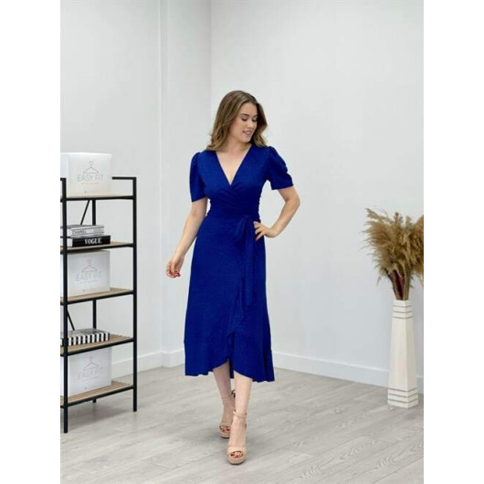 Imported Lurex Fabric Belt Detailed Midi Dress Saks Blue
