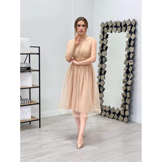 Imported Tulle With Star Detail V Neck Midi Dress Gold