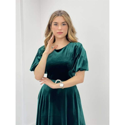 Velvet Fabric Balloon Sleeve Midi Dress Emerald Green