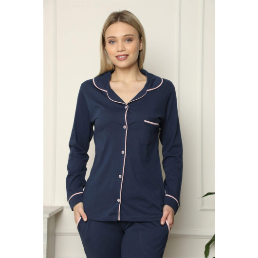 Women's Winter Pajamas In Combed Cotton With Buttons, Navy Blue