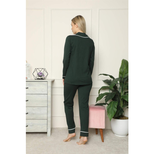 Women's Winter Pajamas, Combed Cotton, With Green Buttons