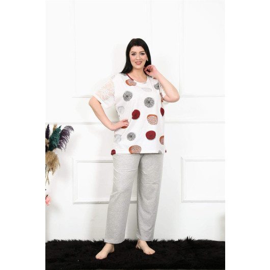 Women's Short-Sleeved Pajama Set, Large Size, Light Beige