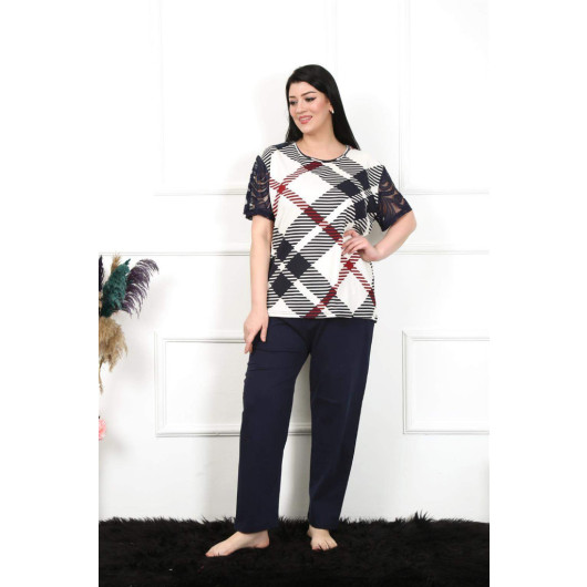 Women's Short-Sleeved Pajama Set, Large Size, Navy Blue