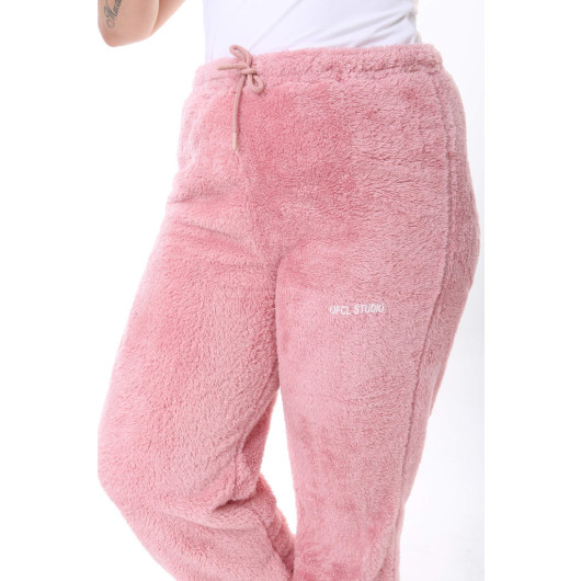 Women Plus Size Pink Plush Fleece Winter Tracksuit Bottom