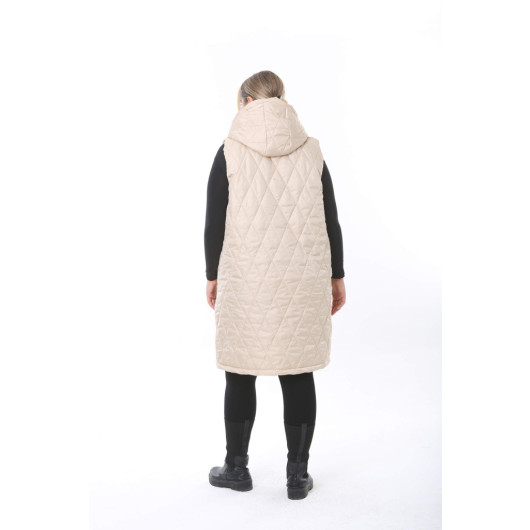 Women's Plus Size Hooded Quilted Long Cream Coat