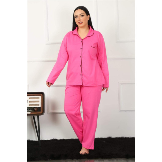 Women's Fuchsia Plus Size Pajama Set With Buttons