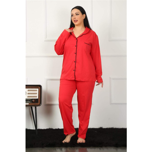 Women's Red Plus Size Pajama Set With Buttons