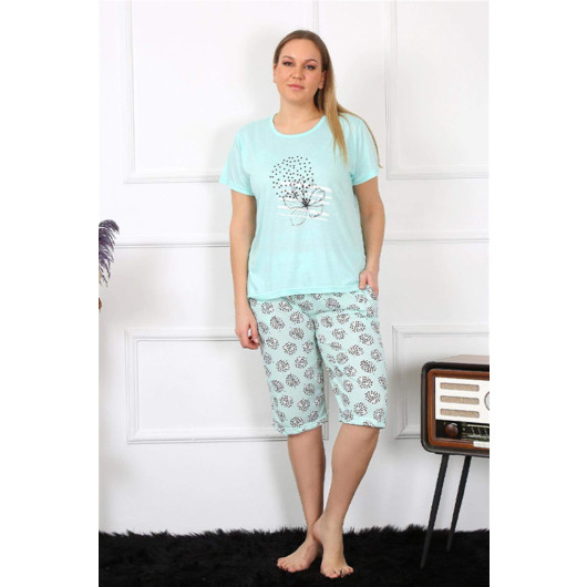 Women's Large Size Viscon Water Green Capri Pajama Set