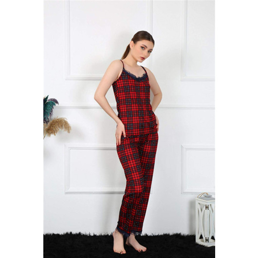 Red Women's Plaid Pajama Set With Thin Ties