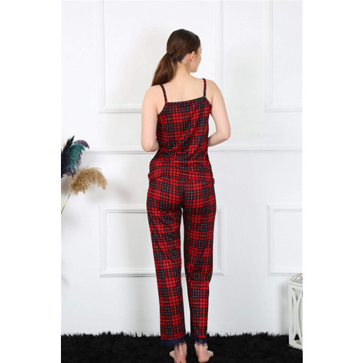Red Women's Plaid Pajama Set With Thin Ties