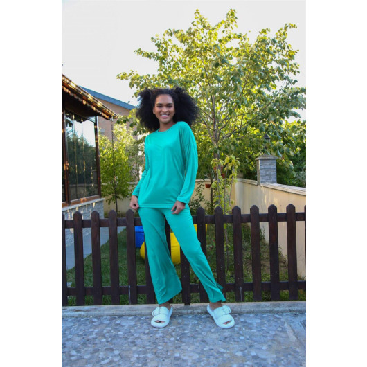 Green Women's Combed Cotton Wide Leg Pajama Set