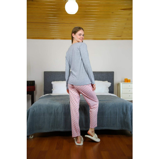 Women's Gray Long-Sleeved Combed Cotton Pajama Set