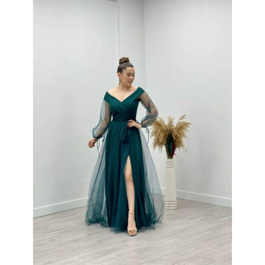 Boat Neck Tulle Dress Emerald Green