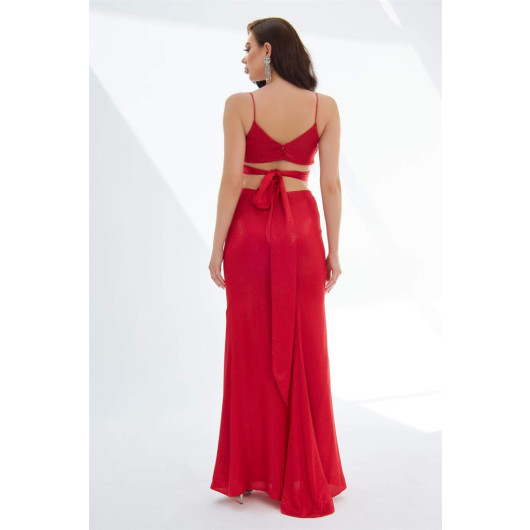 Red Foil Strap, Tie Back, Low-Cut Long Evening Dress