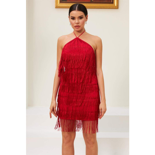 فستان سهرة نسائية بشراشيب يربط بالياقة احمر