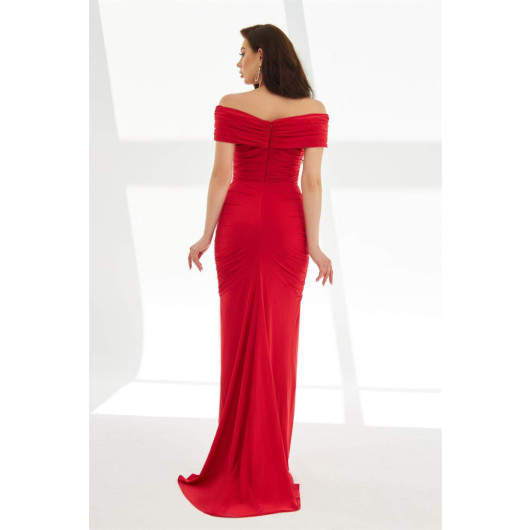 Red Sandy Long Evening Dress With Stones On The Front