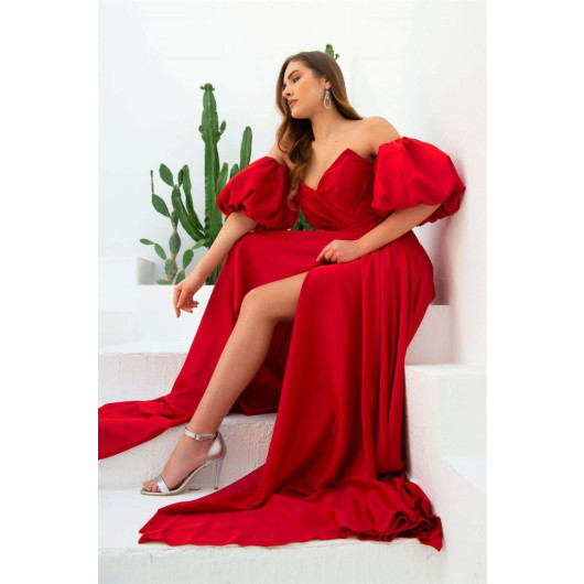 Red Satin Balloon Sleeve Slit Long Evening Dress