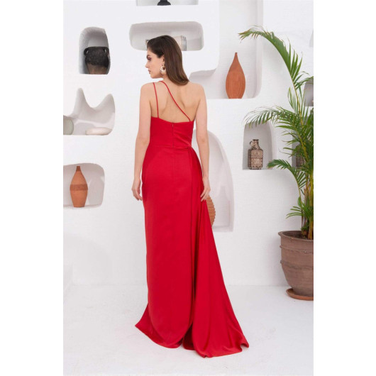 فستان سهرة نسائي ساتان طويل مزين احمر