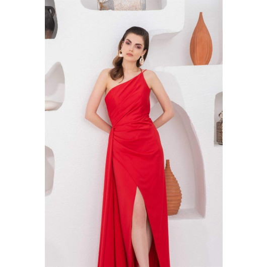 فستان سهرة نسائي ساتان طويل مزين احمر