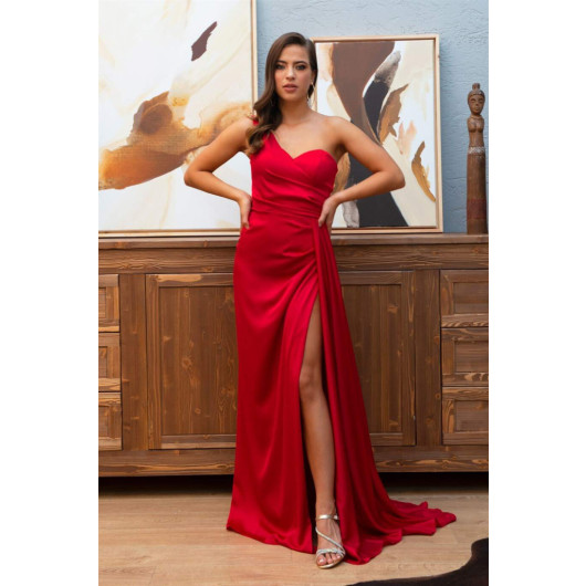 فستان ساتان سهرة نسائي طويل بفنحة احمر