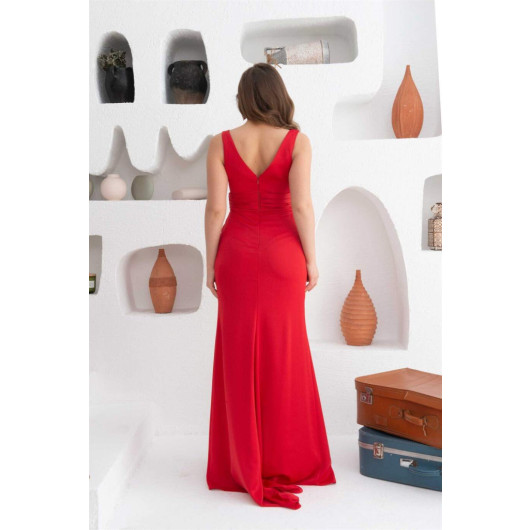 فستان نسائي ساتان طويل بياقة بشكل V احمر