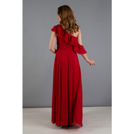 Red Chiffon Shoulder Flounce Slit Evening Dress