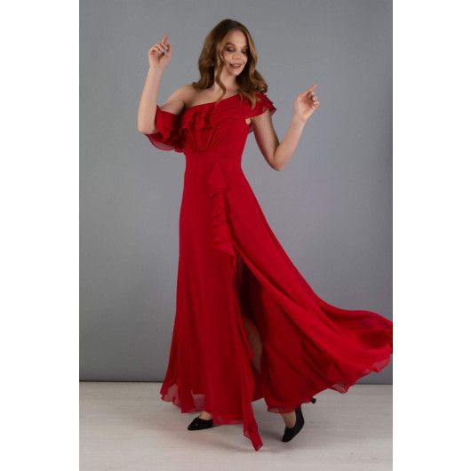 فستان سهرة نسائي شيفون مكشكش احمر