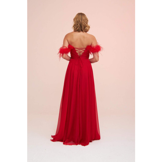 فستان سهرة نسائي طويل شيفون أحمر